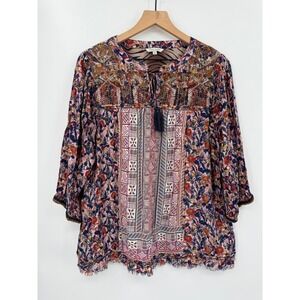 John Mark Shirt Womens Large Pink Blue Floral Boho Peasant Top Cottage